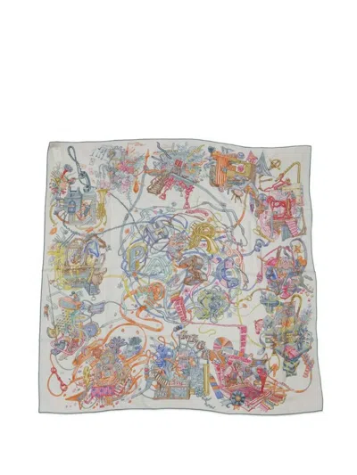 Pre-owned Hermes 2020-2025 Le Monde D  Cashmere Silk Shawl 140 Scarves In White