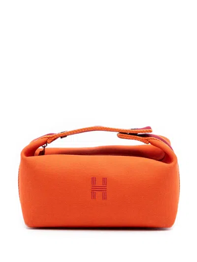 Pre-owned Hermes 2020-2025 Small Toile Bride A Brac Case Vanity Bag In Orange