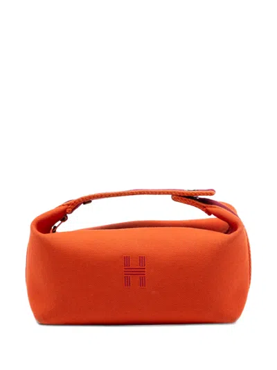 Pre-owned Hermes 2020-2025 Small Toile Bride A Brac Case Vanity Bag In Orange