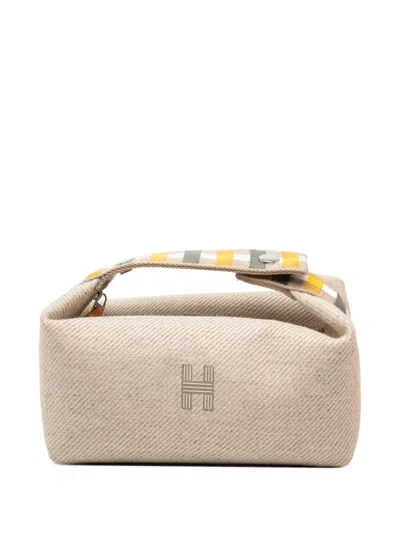 Pre-owned Hermes 2020-2025 Small Wool Bride A Brac Au Carre Case Vanity Bag In Brown