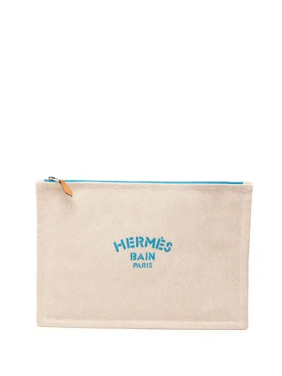 Pre-owned Hermes 2020-2026 Canvas Bain Flat Yachting Gm Pouch In Blue