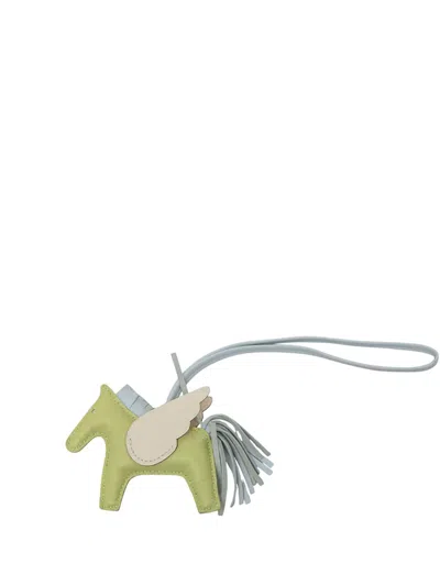 Pre-owned Hermes 2020 Milo Lambskin And Swift Grigri Rodeo Pegase Bag Charm Pm Key Chain In Green
