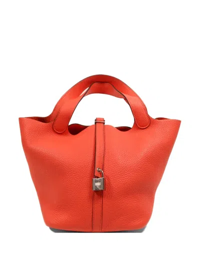 Pre-owned Hermes 2020 Mm Picotin Clemence Leather Tote Bag In Orange