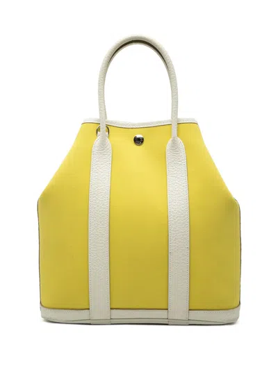 Pre-owned Hermes 2020 Toile And Negonda Garden File 28 Satchel In Yellow