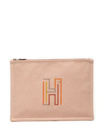 Pre-owned Hermes 2020-2025 Large Canvas H Labyrinthe Case Clutch Bag In Orange