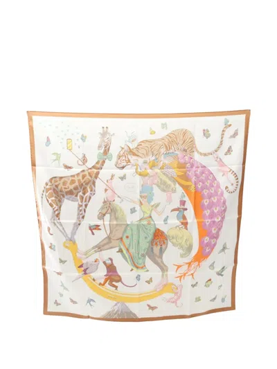 Pre-owned Hermes 2020s Animal-print Silk Scarf In White