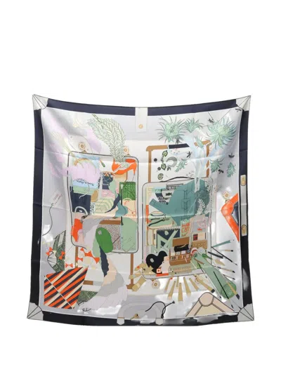 Pre-owned Hermes 2020s Bagage A Main 90 Silk Scarf In White