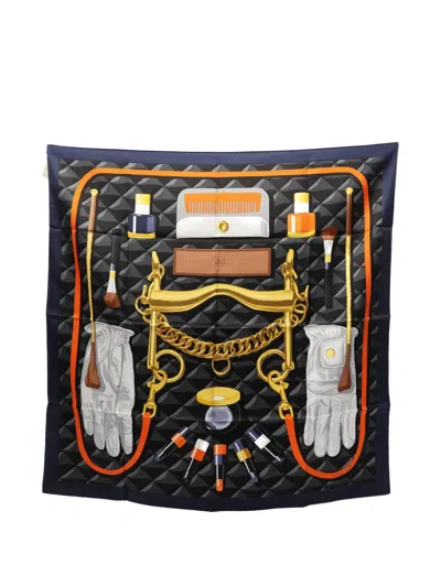 Pre-owned Hermes 2020s Beaute Composee Printed Silk Scarf In Black