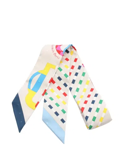 Pre-owned Hermes 2020s Bouclerie Moderne Ribbon Scarf In White