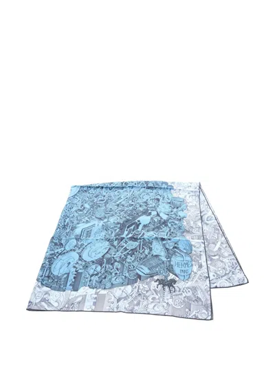 Pre-owned Hermes 2020s Carre Des Chevaux Sous Le Capot 140 Scarf In Blue