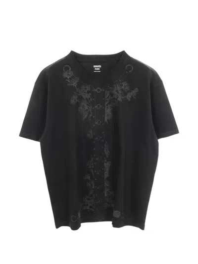 Pre-owned Hermes 2020s Cartouche Floral-print T-shirt In Black