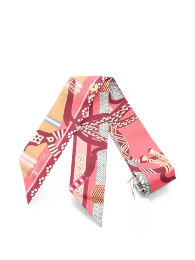 Pre-owned Hermes 2020s Fantaisie D'etriers Ribbon Scarf In Pink