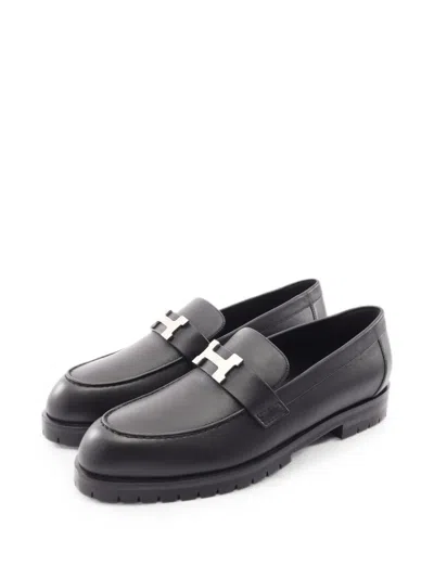 Pre-owned Hermes 2020s Faubourg-h Plaque Loafers In Black