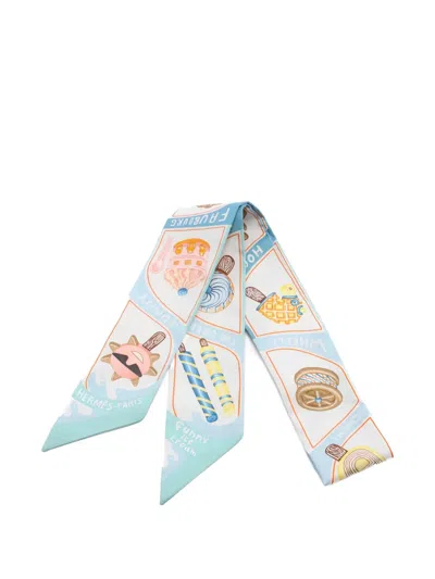Pre-owned Hermes 2020s Funny Ice Cream Twilly Scarf In White