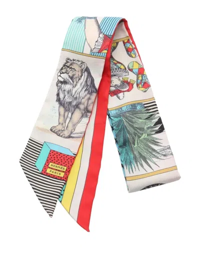 Pre-owned Hermes 2020s Grand Theatre Nouveau Silk Ribbon Scarf In Neutral