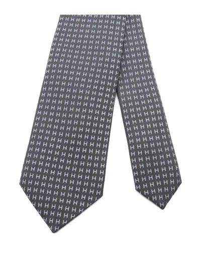Pre-owned Hermes 2020s H-pattern Silk Tie In Gray