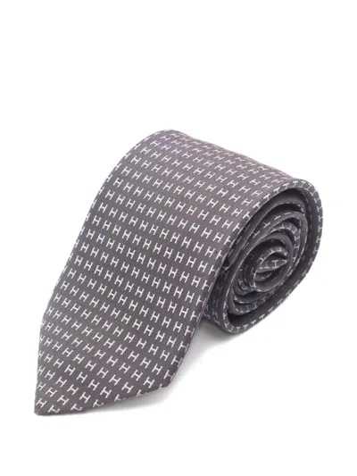 Pre-owned Hermes 2020s H-pattern Silk Tie In Gray