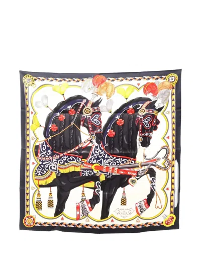 Pre-owned Hermes 2020s Harnais De Coeur Silk Scarf In Neutral