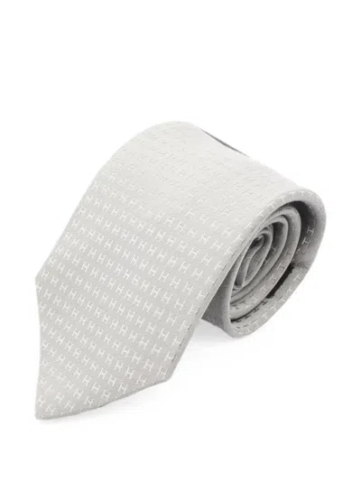 Pre-owned Hermes 2020s H-pattern Silk Tie In Gray