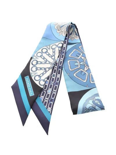 Pre-owned Hermes 2020s Kaleidoscope-pattern Ribbon Scarf In Blue