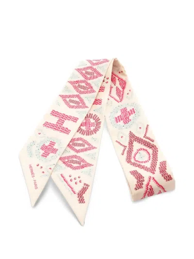 Pre-owned Hermes 2020s Kelly En Perles Ribbon Scarf In Neutrals