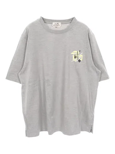Pre-owned Hermes 2020s Leather-patch Crew-neck T-shirt In Gray