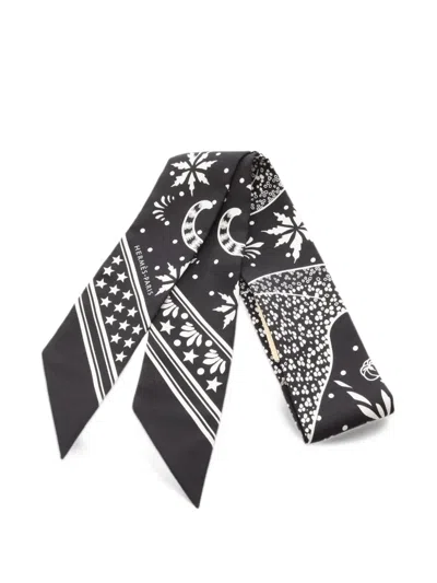Pre-owned Hermes 2020s Les Leopards Bandana Twilly Scarf In Black