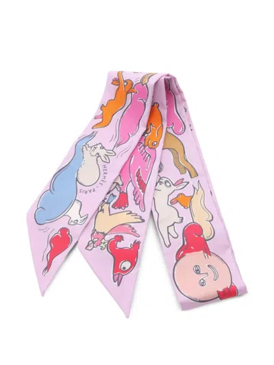 Pre-owned Hermes 2020s Mille Et Lapins Ribbon Silk Scarf In Pink