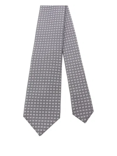 Pre-owned Hermes 2020s Monogram-pattern Silk Tie In Gray