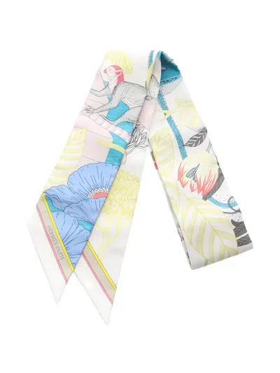 Pre-owned Hermes 2020s Precious Paradise Silk Scarf In White