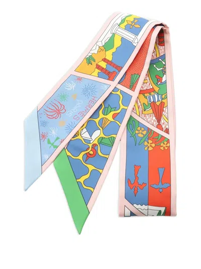 Pre-owned Hermes 2020s Printed Ribbon Scarf In Pink