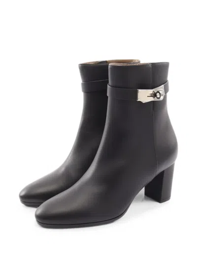 Pre-owned Hermes 2020s Saint Germain Kelly-buckle Heeled Ankle Boots In Black
