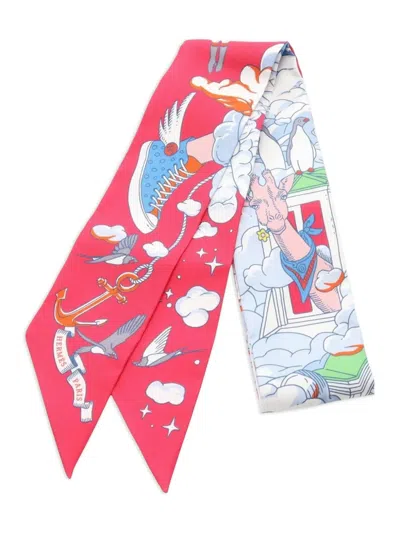 Pre-owned Hermes 2020s Sur Mon Nuage Ribbon Silk Scarf In Pink