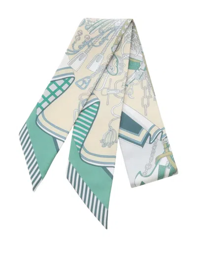 Pre-owned Hermes 2020s Twilly Bouquets Sellier Silk Scarf In Neutral
