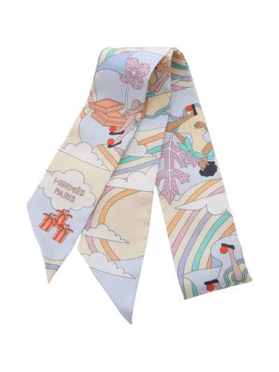 Pre-owned Hermes 2020s Twilly Carres Volants Ribbon Silk Scarf In Blue