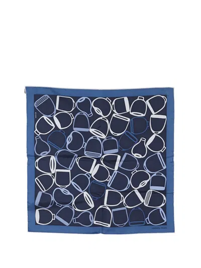 Pre-owned Hermes 2021-2025 A Vos Etriers Pocket Square Silk Scarf 45 Scarves In Blue