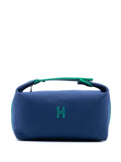 Pre-owned Hermes 2021-2025 Large Toile Bride A Brac Case Vanity Bag In Blue