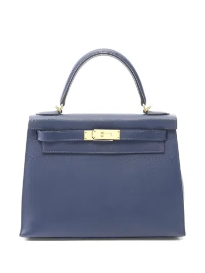 Pre-owned Hermes 2021 28 Kelly Grained Leather Tote Bag In Blue
