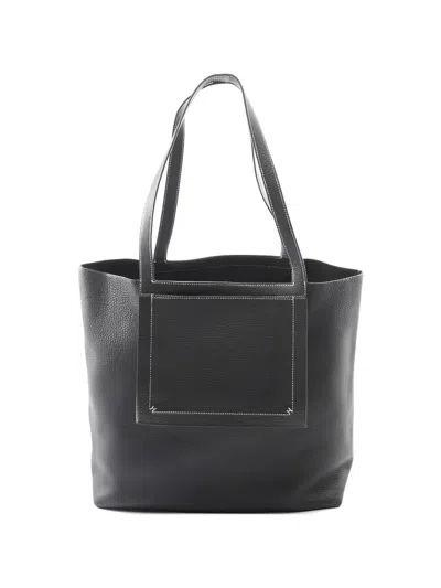 Pre-owned Hermes 2021 46 Kabaserie Topstitched Leather Tote Bag In Black