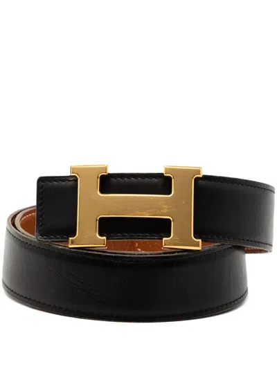 Pre-owned Hermes 2021 Box Calf And Togo Constance H Reversible Belt In Black