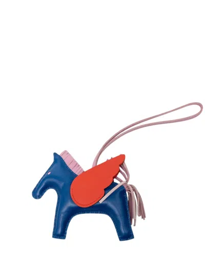 Pre-owned Hermes 2021 Milo Lambskin And Swift Grigri Rodeo Pegase Bag Charm Pm Key Chain In Blue