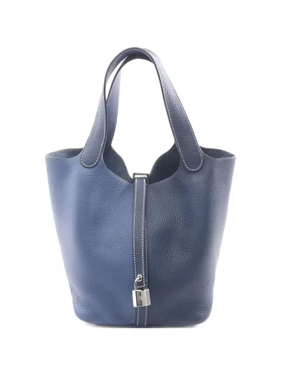 Pre-owned Hermes 2021 Mm Picotin Lock Leather Tote Bag In Blue