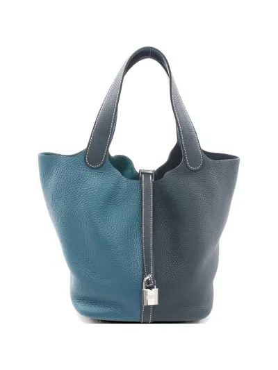 Pre-owned Hermes 2021 Mm Picotin Lock Leather Tote Bag In Blue