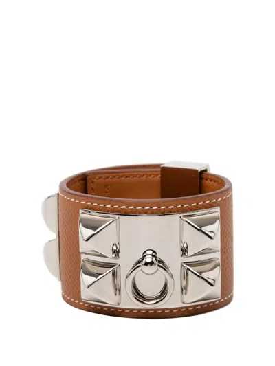 Pre-owned Hermes 2021 Palladium Plated Epsom Collier De Chien Bracelet T1 Costume Bracelet In Brown