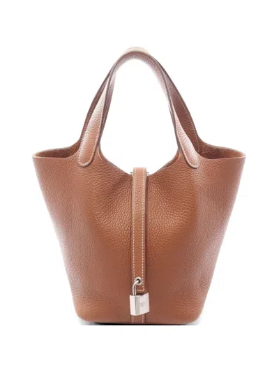 Pre-owned Hermes 2021 Pm Picotin Lock Clemence-leather Tote Bag In Brown