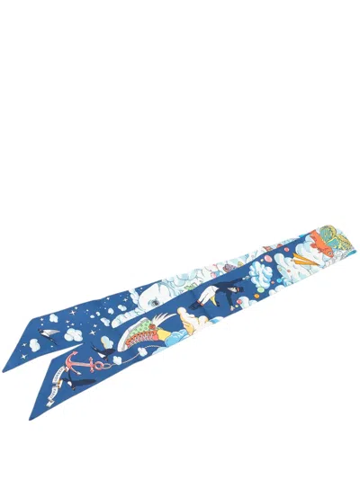 Pre-owned Hermes 2021-2026 Sur Mon Nuage Silk Twilly Scarf Scarves In Blue