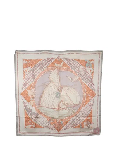 Pre-owned Hermes 2021-2026 Voyage Au Long Cours Silk Scarf 90 Scarves In White