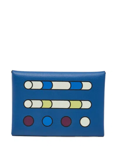 Pre-owned Hermes 2022 Calvi Duo Compact Fer À Cheval Card Holder In Blue