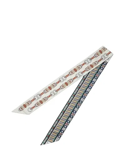 Pre-owned Hermes 2022 Harnais En Rosace Silk Twilly Scarf Scarves In White