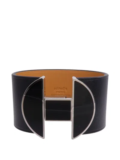 Pre-owned Hermes 2022 Manchette Leather Bracelet In Silver